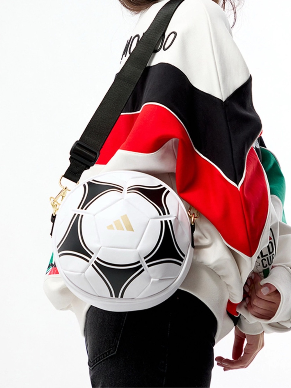 adidas White and Black Soccer Ball Crossbody Bag with Gold Accent